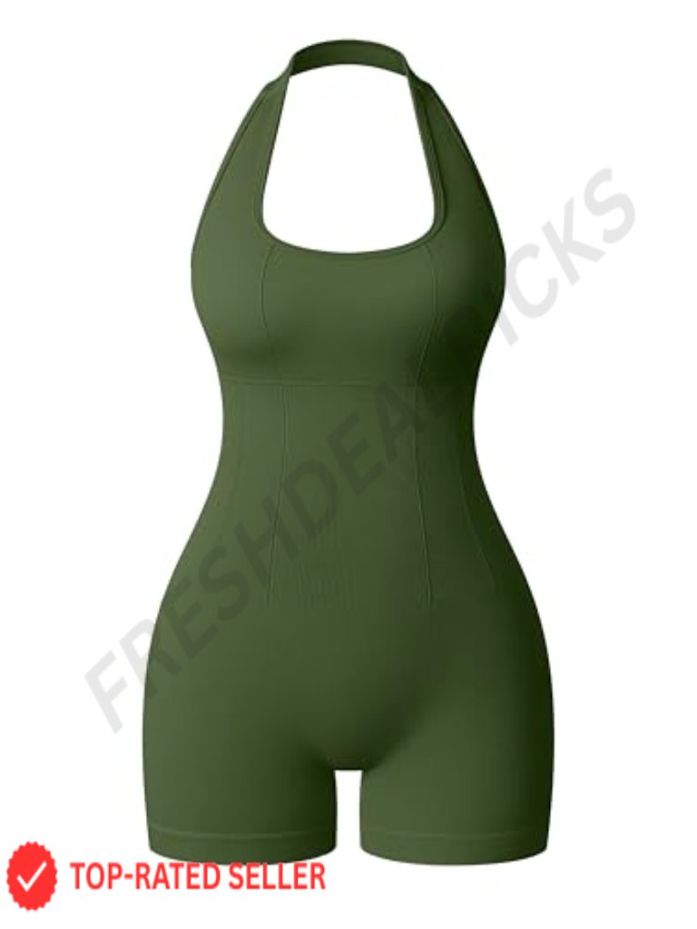 Women's Halterneck Sleeveless Short Jumpsuit Romper High Stretch Nylon Spandex